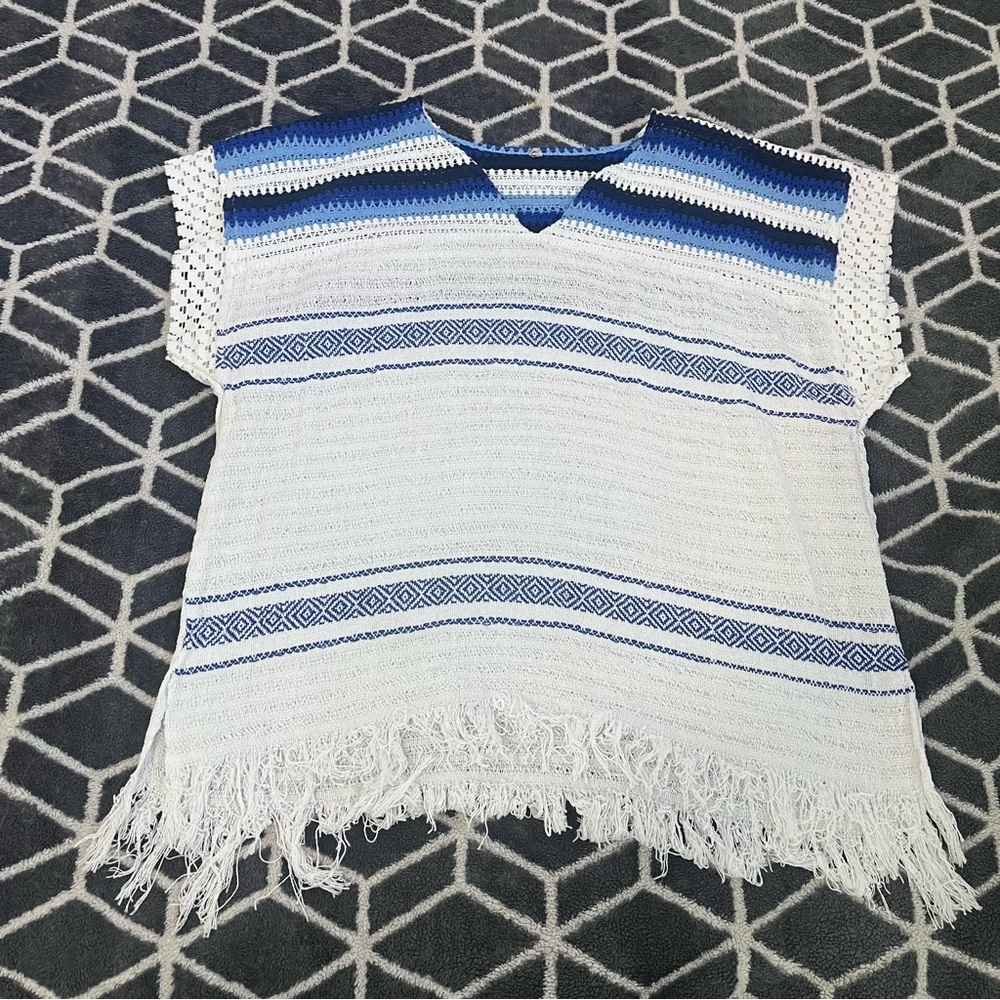 Boho Blue & White Fringe Poncho Top Striped Crochet Beach Cover Up One Size